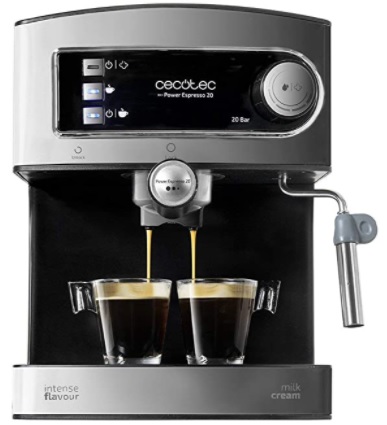 Cecotec - Cafetera Express Manual Power Espresso 20. 850W, Presión 20 Bares, Depósito de 1,5L, Brazo Doble Salida, Vaporizador