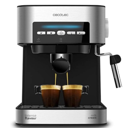 Power Espresso Cecotec, 20 Matic Cafetera, Presión 20 Bares, 1,5L, Vaporizador, Superficie Calientatazas, Mandos Digitales, 850W, Negro, Plata